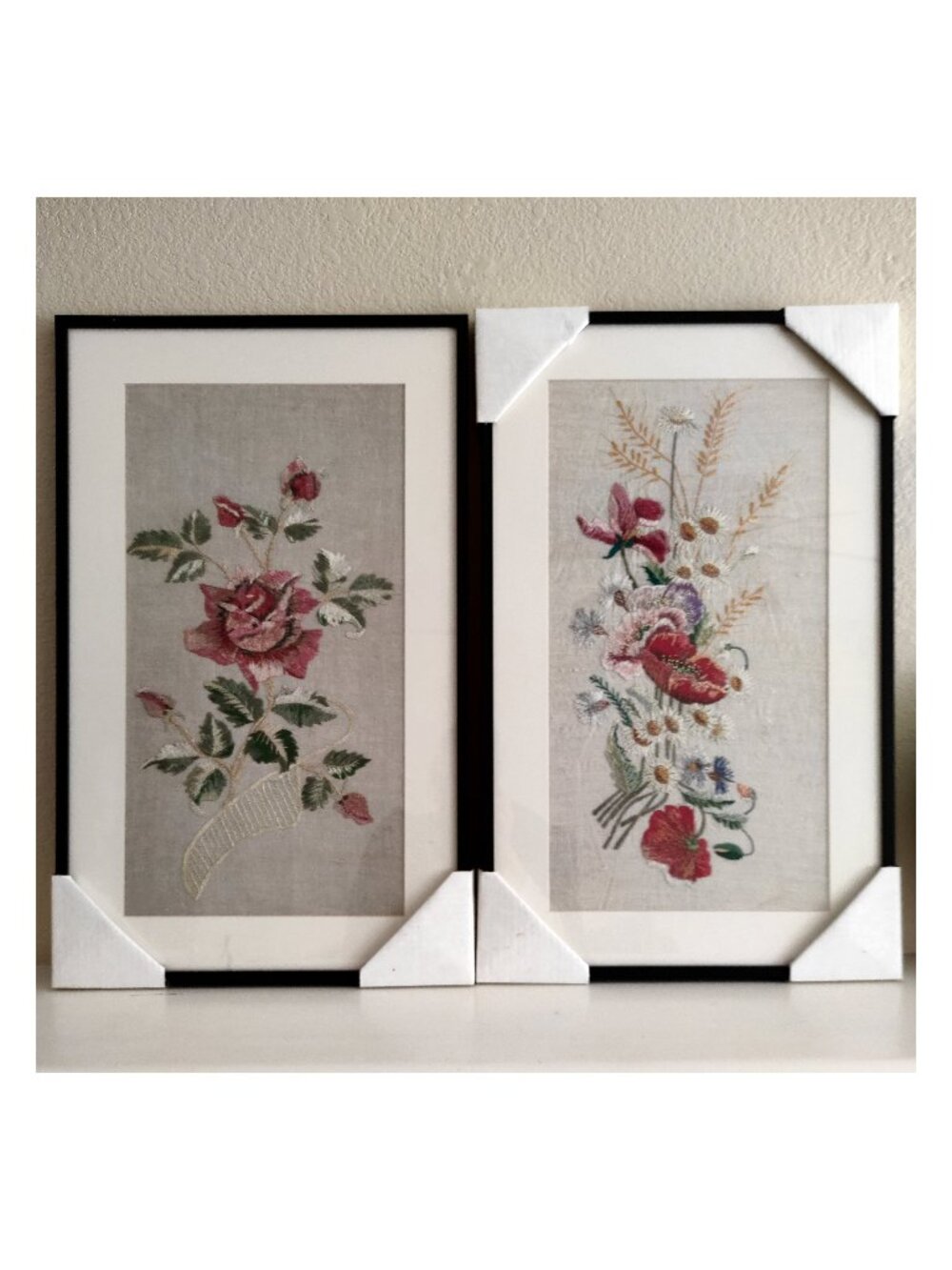 Vintage Framed Floral Needlework Wall Art Framed Floral Pictures, Set of Two
